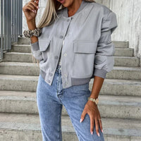 Damen-Bomberjacke mit Knopfverschluss und Brusttaschen in Grau