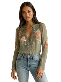 Damen-Chiffonbluse mit Stickerei und Spitzenbesatz in Grün