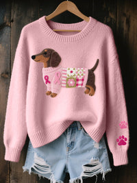 Nora | Damen Dackel Patchwork Strickpullover mit Pfotenabdruck-Detail in Rosa