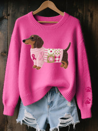 Nora | Damen Dackel Patchwork Strickpullover mit Pfotenabdruck-Detail in Dunkelrosa
