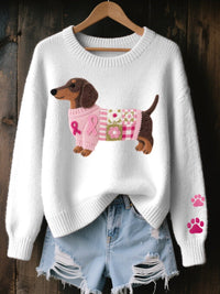 Nora | Damen Dackel Patchwork Strickpullover mit Pfotenabdruck-Detail in Weiß