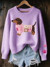 Nora | Damen Dackel Patchwork Strickpullover mit Pfotenabdruck-Detail in Lila