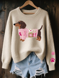 Nora | Damen Dackel Patchwork Strickpullover mit Pfotenabdruck-Detail in Beige