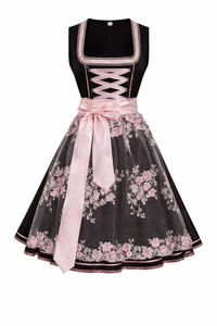 Damen Dirndl Kleid mit Stehkragen, Schnürfront und Spitzenüberlage in Schwarz