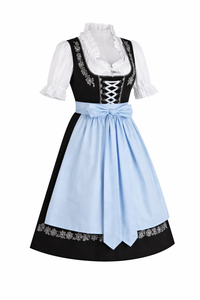 Damen Dirndl Kleid mit Stickerei, Schnürung und Schürzenband in Schwarz