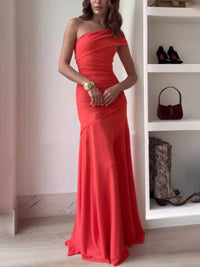 Damen Ein-Schulter Maxikleid mit gerafftem Oberteil und ausgestelltem Rockteil in Orange