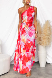 Damen Einschulter-Maxikleid mit Plissee und Asymmetrischem Saum in Blumenmuster