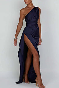 Damen Einschultriges Maxikleid mit Seitenschlitz und Raffung an der Taille in Blau