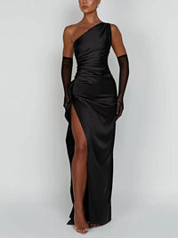 Damen Einschultriges Maxikleid mit Seitenschlitz und Raffung an der Taille in Schwarz