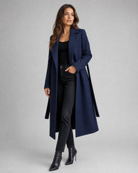 Clara | Damen Eleganter Gürtel-Wollmix Trench Coat Langer Wintermantel in Marine