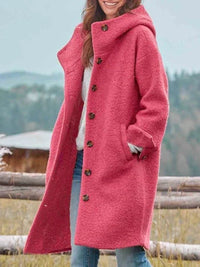 Hannah | Damen Fleece Mantel mit Kapuze Langarm Knopfleiste Women Coat in Rosa