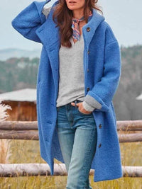 Hannah | Damen Fleece Mantel mit Kapuze Langarm Knopfleiste Women Coat in Blau