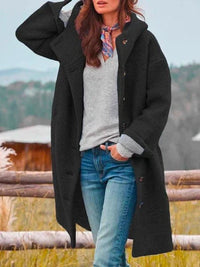 Hannah | Damen Fleece Mantel mit Kapuze Langarm Knopfleiste Women Coat in Schwarz
