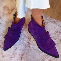 Charlotte | Damen Fransen Ankle Boots Spitze Zehenform Wildleder-Optik in Lila