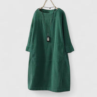 Damen Geripptes Rundhals-Midikleid mit Dreiviertelärmeln und Fronttaschen in Grün