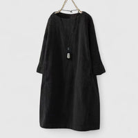 Damen Geripptes Rundhals-Midikleid mit Dreiviertelärmeln und Fronttaschen in Schwarz