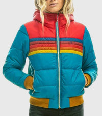 Damen Gesteppte Colorblock Jacke mit Streifen und Teddyfutter in Blau