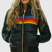 Damen Gesteppte Colorblock Jacke mit Streifen und Teddyfutter in Schwarz