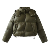 Damen Gesteppte Pufferjacke mit Kapuze Knopfverschluss und Kordelzug am Saum in Armygrün