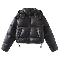 Damen Gesteppte Pufferjacke mit Kapuze Knopfverschluss und Kordelzug am Saum in Schwarz
