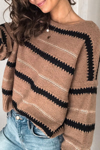 Damen Gestreifter Pullover mit Rundhalsausschnitt und Kontraststreifen in Khaki