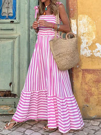 Damen Gestreiftes Maxikleid mit Bindebandträgern und Gerafftem Oberteil und Stufenrock in Rosa