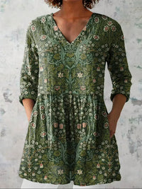 Damen Hemdbluse mit V-Ausschnitt langen Ärmeln und Blumenmuster in Grün