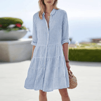 Damen Hemdblusenkleid mit Kragen Knopfleiste Langen Ärmeln Streifenmuster und Stufensaum in Blau
