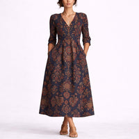 Elisabeth | Damen Herbst Hochzeitsgast Blumen Maxi-Kleid V-Ausschnitt Leinen in Mehrfarbig