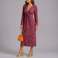Sophie | Damen Herbst Hochzeitsgast Kleid Boho Blumen Twist Midi V-Ausschnitt in Lila