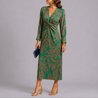 Sophie | Damen Herbst Hochzeitsgast Kleid Boho Blumen Twist Midi V-Ausschnitt in Grün