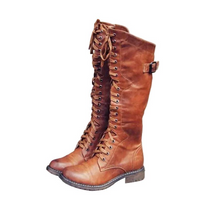 Damen Hohe Schnürstiefel im Reitstil mit Schnallenriemen in Braun