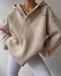 Damen Hoodie mit Kapuze V-Ausschnitt Polokragen und Bündchen in Beige