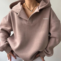 Damen Hoodie mit Kapuze V-Ausschnitt Polokragen und Bündchen in Braun