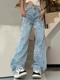 Damen Hose mit hohem Bund und Sternapplikationen in Hellblau