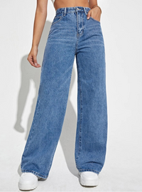 Damen Hose mit hohem Bund weitem Bein Knopfverschluss und Fronttaschen in Dunkelblau