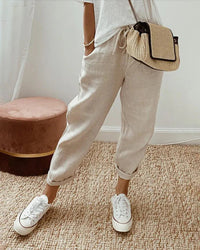 Damen Hose mit Kordelzugbund und Schmal Zulaufendem Bein in Beige