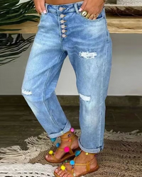 Damen Hose mit Öffnungen an Knien und Oberschenkeln und Knopfverschluss in Blau