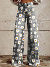 Damen Hose mit weitem Bein Blumenmuster hohem Bund und Knopfverschluss in Grau
