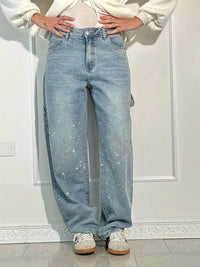 Damen Hose mit weitem Bein Strassbesatz Seitentasche mit Klappe und Knopfverschluss in Blau