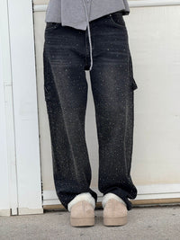 Damen Hose mit weitem Bein Strassbesatz Seitentasche mit Klappe und Knopfverschluss in Schwarz