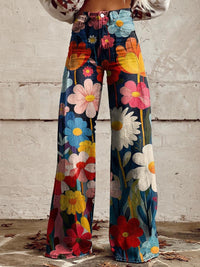 Damen Hose mit weiten Beinen hohem Bund und buntem Blumendruck in Mehrfarbig