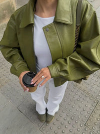 Damen Jacke mit Breitem Revers und Reißverschluss und Druckknopf in Olivgrün