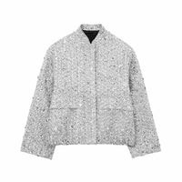 Damen Jacke mit Stehkragen und Pailletten und Klappentaschen in Silber