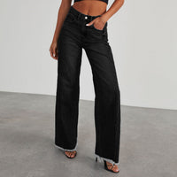 Damen-Jeans mit hoher Taille, weitem Bein und ausgefranstem Saum in Schwarz