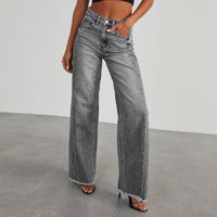Damen-Jeans mit hoher Taille, weitem Bein und ausgefranstem Saum in Grau