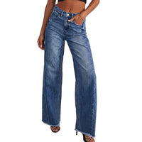 Damen-Jeans mit hoher Taille, weitem Bein und ausgefranstem Saum in Dunkelblau