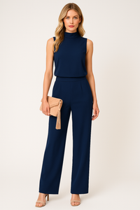 Damen Jumpsuit ärmellos mit Stehkragen und weitem Bein in Marineblau