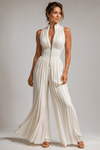 Damen-Jumpsuit mit Blumenmuster, Plissee und weitem Bein in Creme
