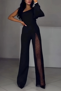 Damen Jumpsuit mit Ein-Schulter-Träger Langarm Weitem Bein und Netzeinsatz in Schwarz